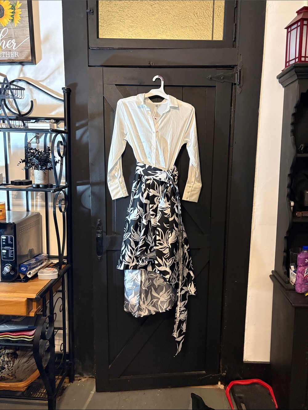 NY Collection Black and White Floral Shirt Dress with High-Low Wrap Skirt